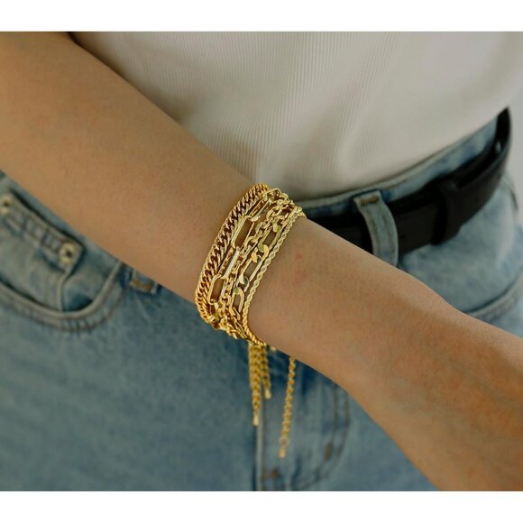 14K Gold Plated Stainless Steel Chain Bracelets for Women - Adjustable Layered H - Picture 5 of 5